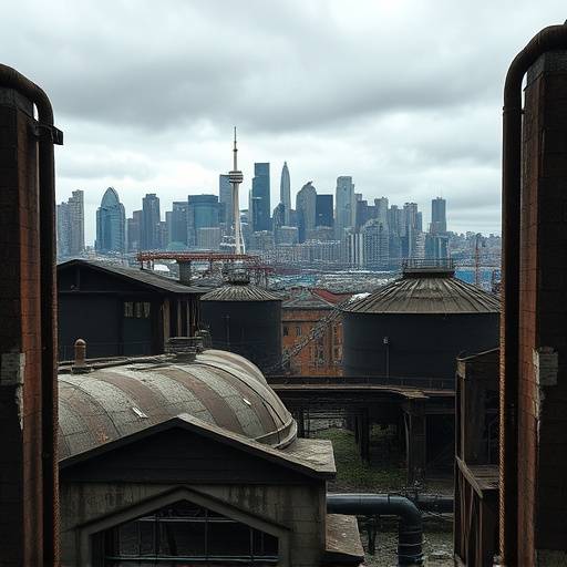 Gas Works Park - Industrial ruins with tanks and structures against a city backdrop